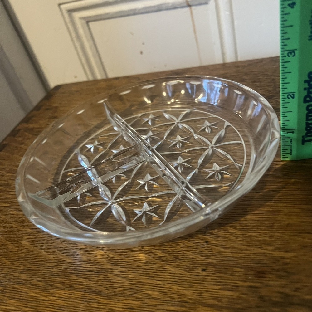 Vintage 1950s Clear Glass 3 Part Round Relish Dish Star Design 7.5 Inch MCM
